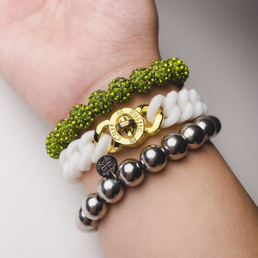 Rustic Cuff Green Rhinestone Rubber Black White Stackable Stretch Bracelet Set - Picture 2 of 11